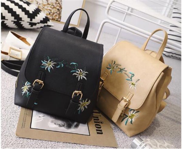 Women Leather Backpack School bags for Girls Rucksack Small Floral Embroidery Flowers Backpack Mochila - Image 4
