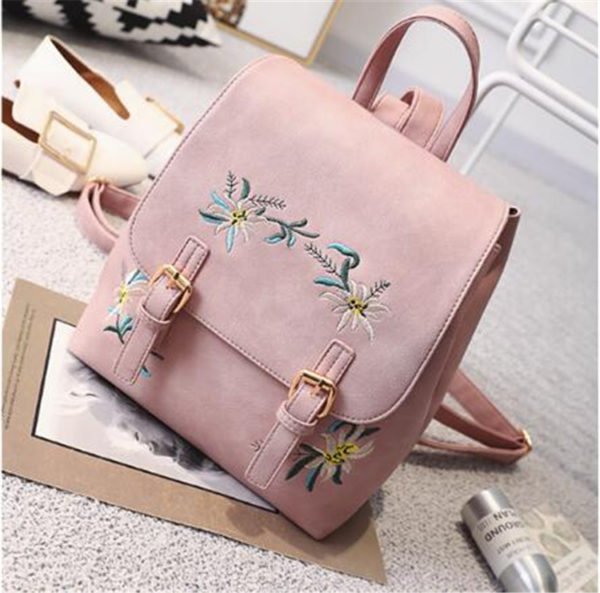 Women Leather Backpack School bags for Girls Rucksack Small Floral Embroidery Flowers Backpack Mochila - Image 3