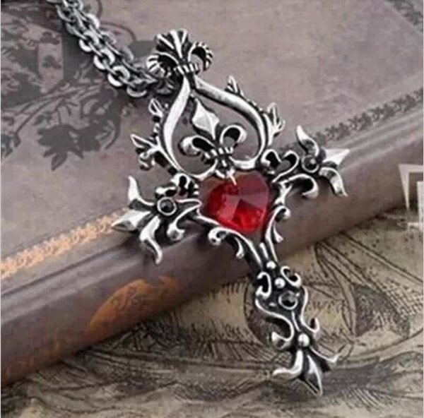 Trendy Movie Vampire Diaries Gothic Fantasy Red Cross Necklace